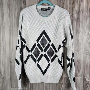 Stefano Man Vintage Geometric Argyle Knit Sweater Grey Black Faux Leather Patch